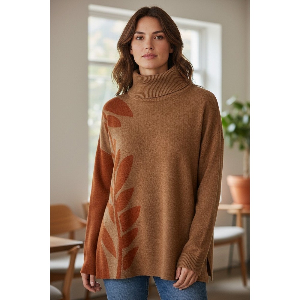 Wynne Collection Women's Brown Leaf Print Turtleneck Knit Sweater Size Medium